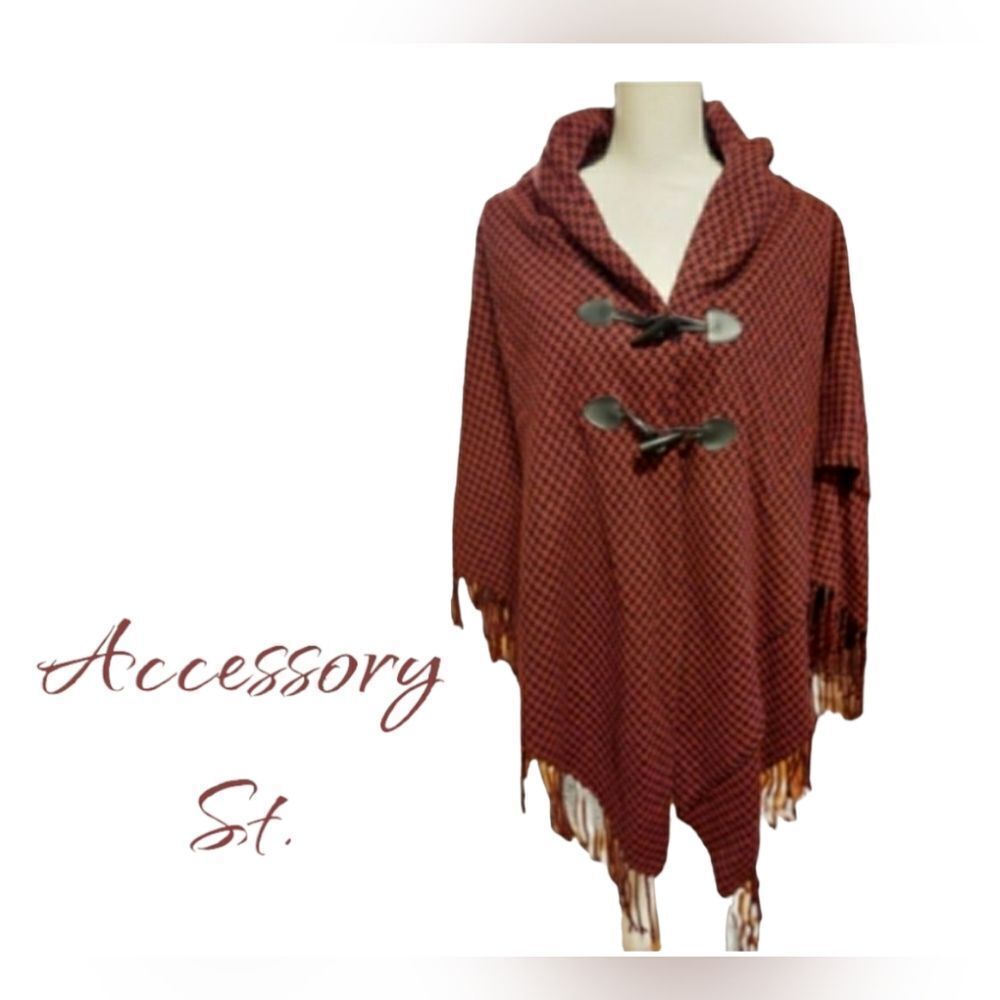 𝅺accessory St Poncho Red and black houndstooth Cape One size